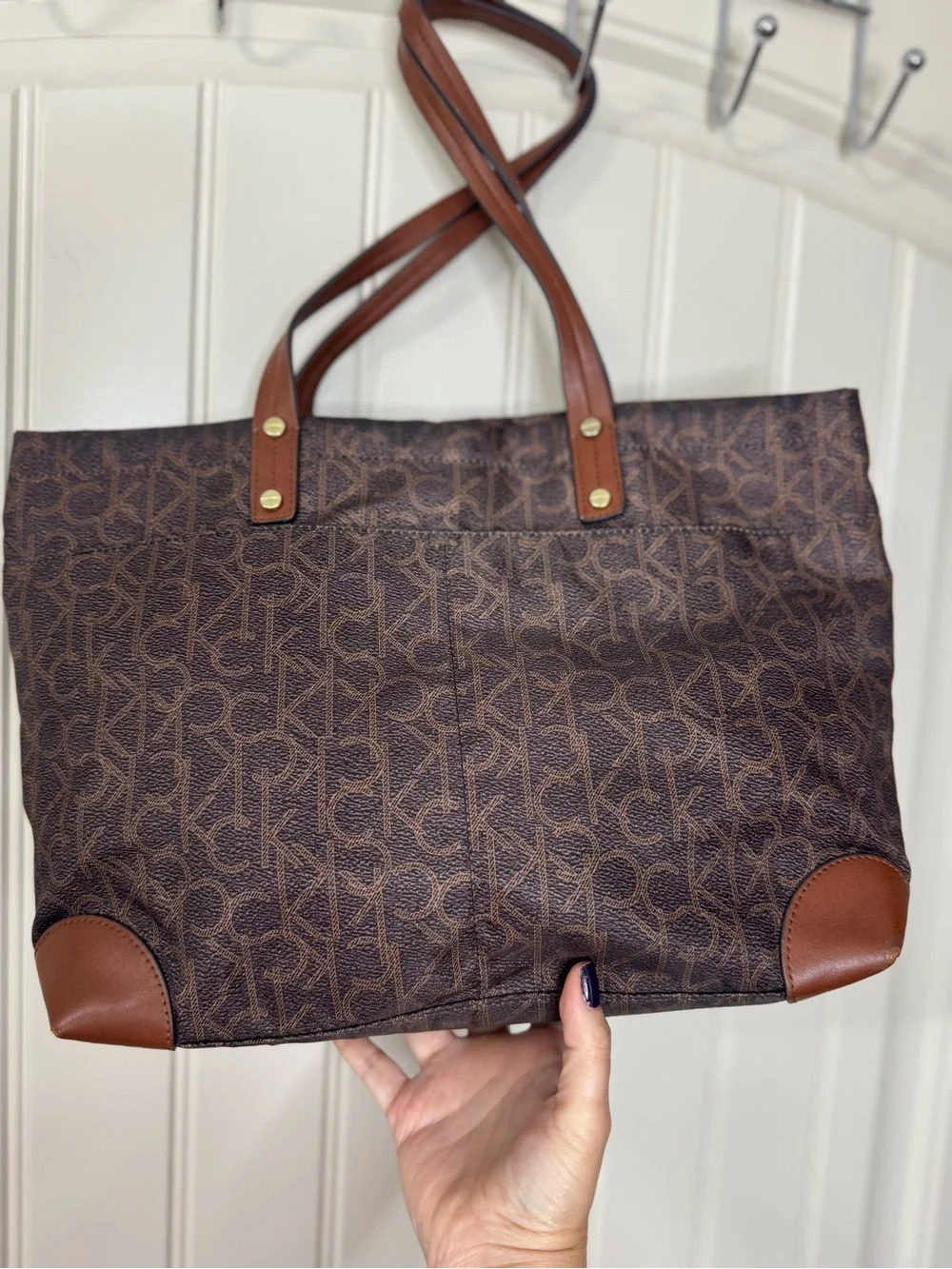 CALVIN KLEIN 🌟 Brown, Gold Monogram Logo Shoulder Tote, Dual Straps - Like NEW